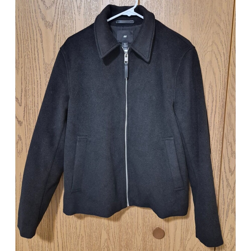H&M Men's Black Poly Wool Blend Long Sleeve Zip Up Warm Blazer w/Pockets Size M